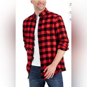 Club Room Mens Flannel Buffalo Plaid Button-Down Shirt Red Black Medium NWT